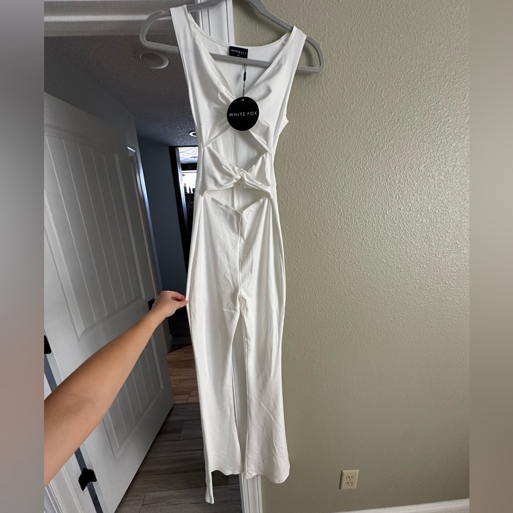White Fox Boutique Cream Ruched Tie Front Sheath Jumpsuit